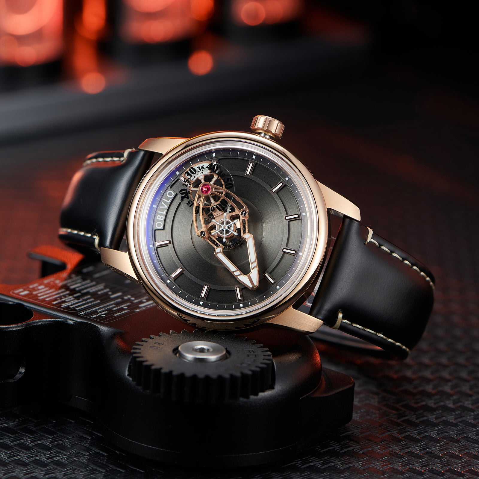 OBLVLO JM Space Automatic Dress Watch for Men - Cool Rose Gold Case and Black Spaceship Dial, 50m Waterproof OBLVLO JM Space Automatic Dress Watch for Men - Cool Rose Gold Case and Black Spaceship Dial, 50m Waterproof