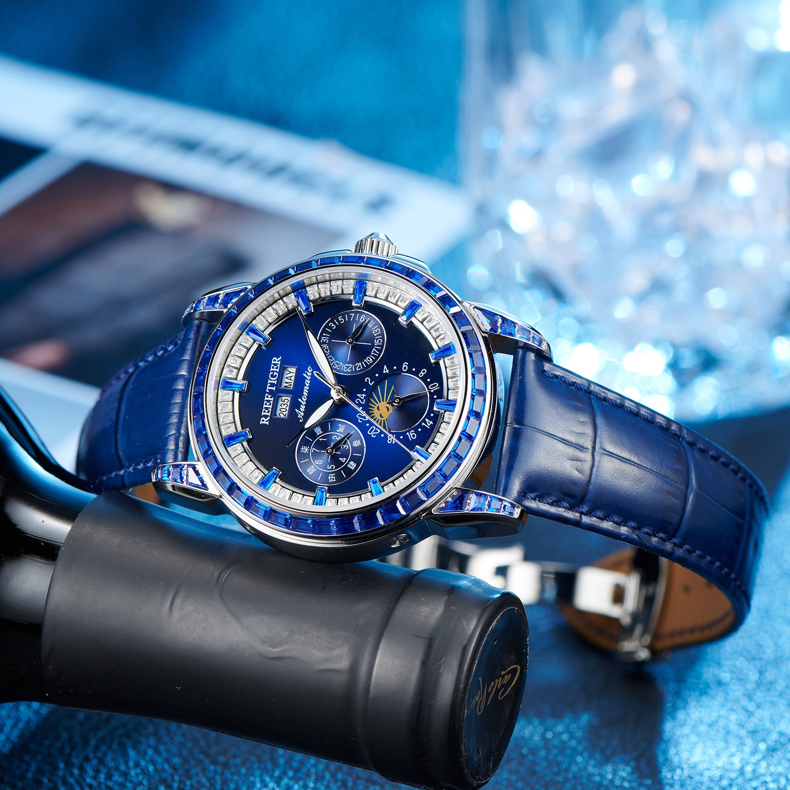 Affordable Luxury Blue Zirconia Bezel & Dial Men Moon Phase Dress Watc