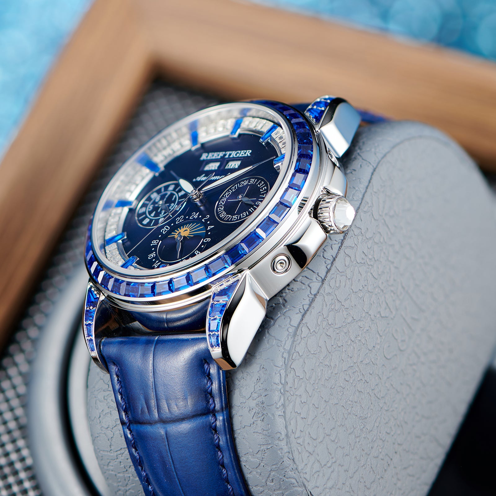 Affordable Luxury Blue Zirconia Bezel & Dial Men Moon Phase Dress Watc