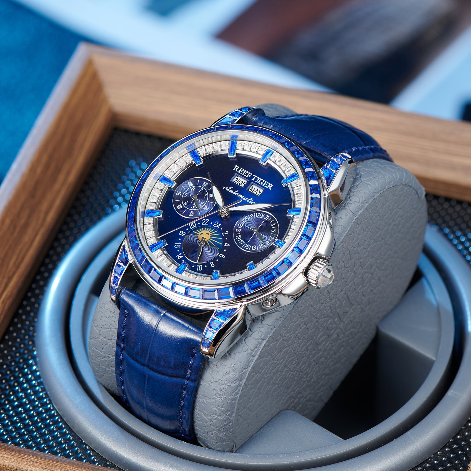 Affordable Luxury Blue Zirconia Bezel & Dial Men Moon Phase Dress Watc