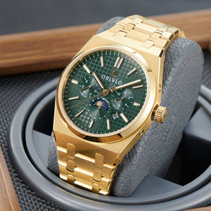 Best Affordable Yellow Gold 3-Eye Chronograph Automatic Watches - Royal Green OBLVLO TM-MUT