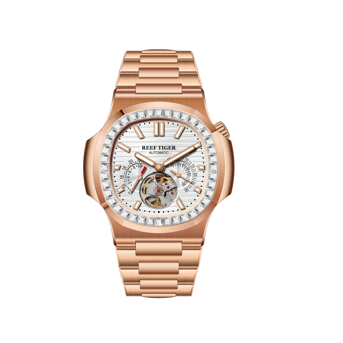 Luxury Men's 44mm Square Crystal Bezel Multifunction 24-Hour Tourbillon Style Watch | REEF TIGER RGA20S7 Business Wrist Watches