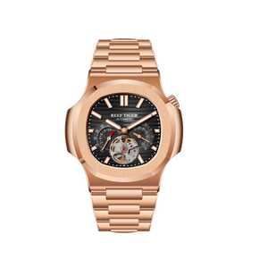 REEF TIGER RGA20S7 Black 44mm Multifunction 24-Hour Tourbillon Style Dial & Rose Gold Sqaure Case Automatic Dress Watch for men