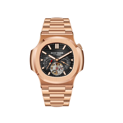 REEF TIGER RGA20S7 Black 44mm Multifunction 24-Hour Tourbillon Style Dial & Rose Gold Sqaure Case Automatic Dress Watch for men