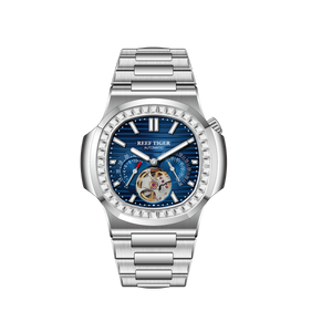 Affordable Luxury REEF TIGER RGA20S7 44mm Blue Dial Sqaure Case Inlay Zirconia & Multifunction 24-Hour Tourbillon Style Automatic Dress Wrist Watch for Men