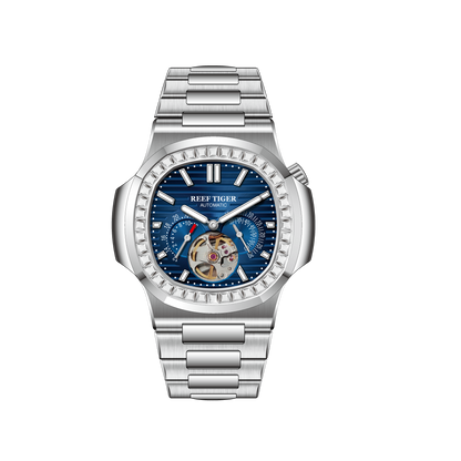 Affordable Luxury REEF TIGER RGA20S7 44mm Blue Dial Sqaure Case Inlay Zirconia & Multifunction 24-Hour Tourbillon Style Automatic Dress Wrist Watch for Men