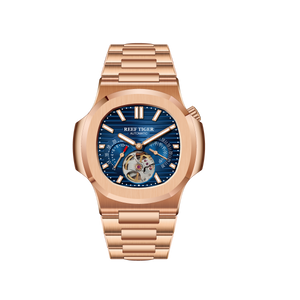 REEF TIGER RGA20S7 44mm Blue Dial Men's Multifunction Automatic Business Watch with Crystal Diamond Bezel
