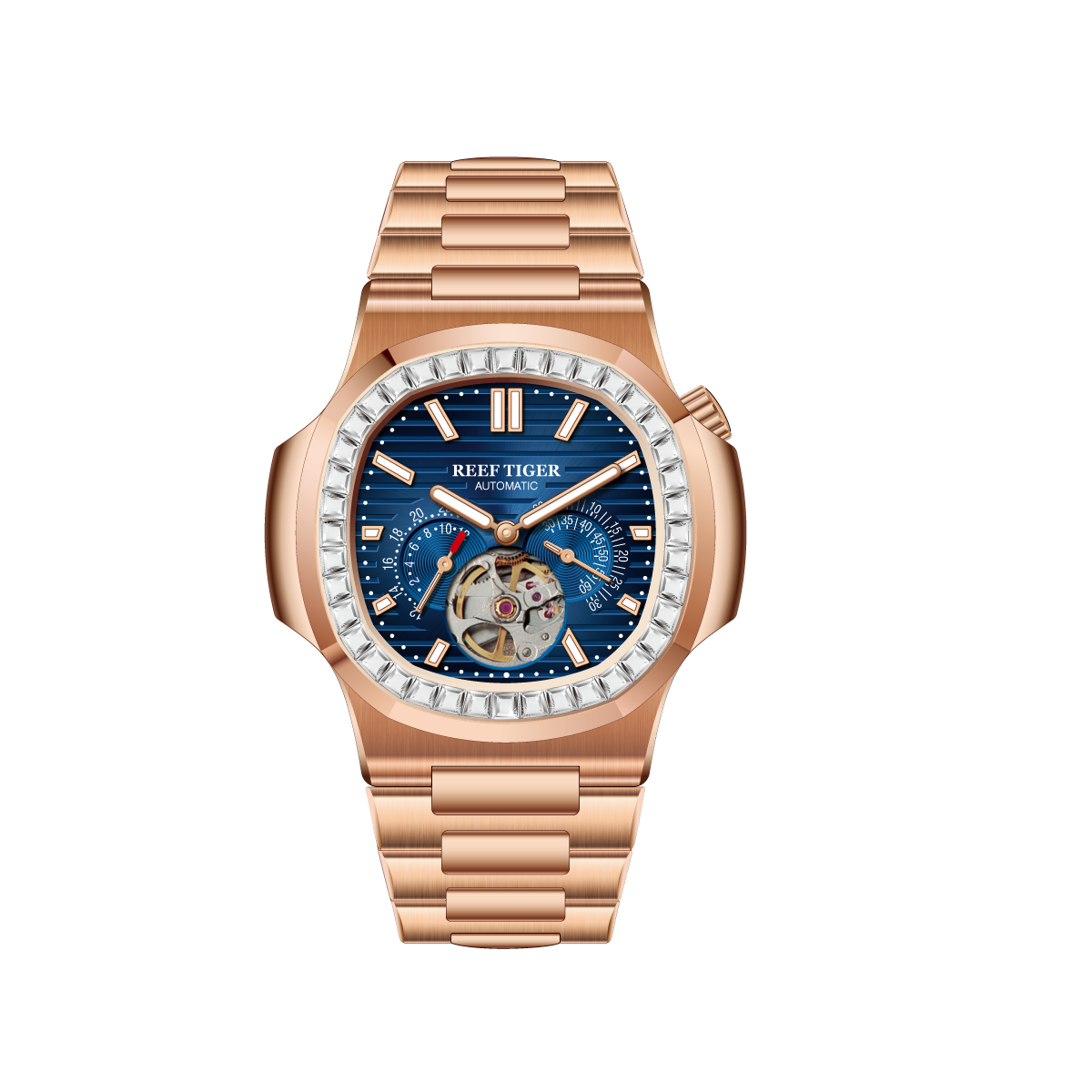 REEF TIGER RGA20S7 44mm Blue Dial Men's Multifunction Automatic Business Watch with Crystal Diamond Bezel