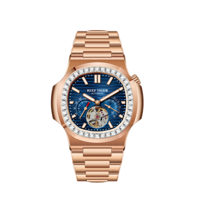 REEF TIGER RGA20S7 44mm Blue Dial Men's Multifunction Automatic Business Watch with Crystal Diamond Bezel