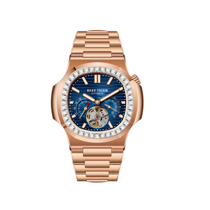 REEF TIGER RGA20S7 44mm Blue Dial Men's Multifunction Automatic Business Watch with Crystal Diamond Bezel