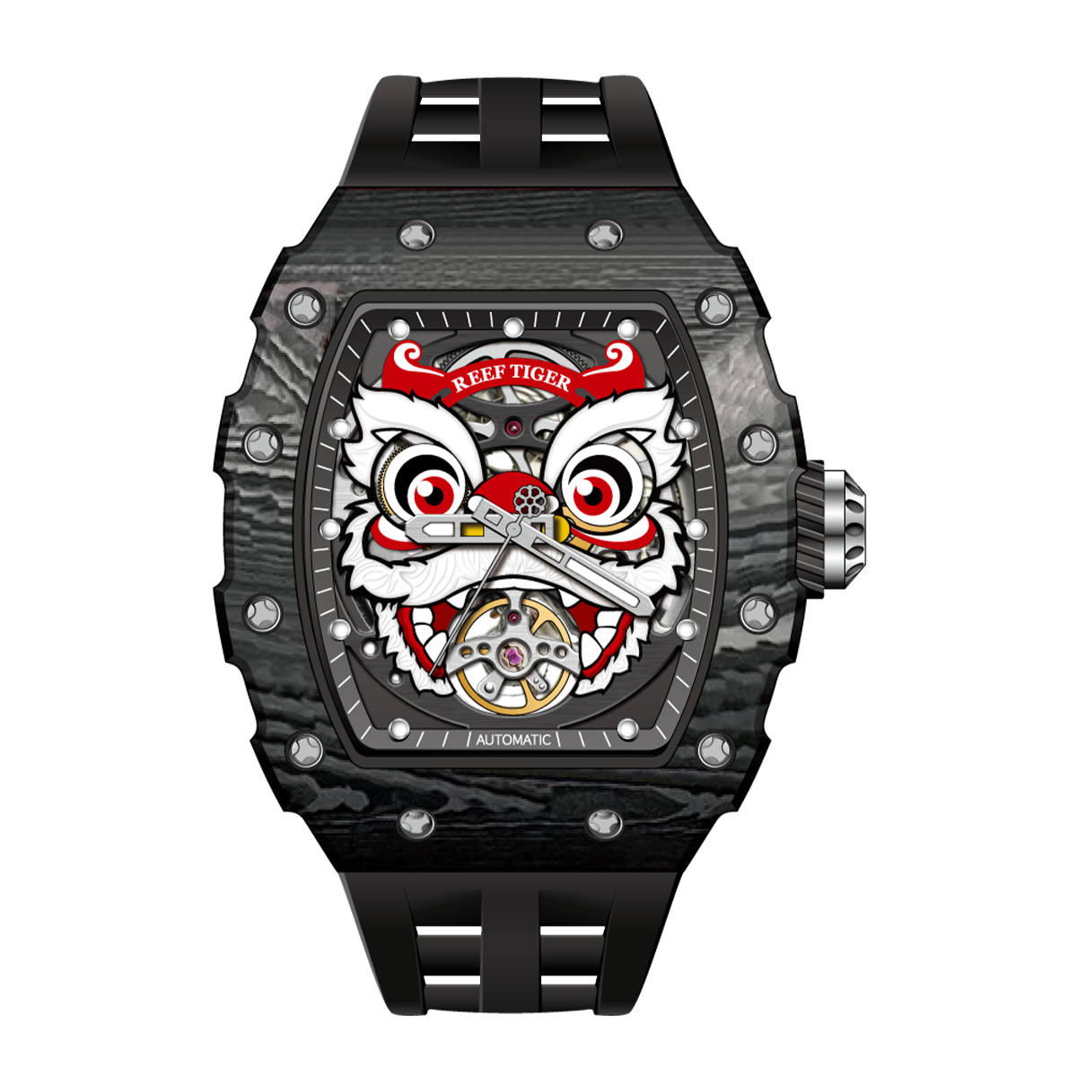 Cool Reef Tiger RGA3009 Chinese Lion Dance Unique Black Strap Skeleton Watch