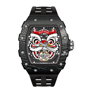 Cool Reef Tiger RGA3009 Chinese Lion Dance Unique Black Strap Skeleton Watch
