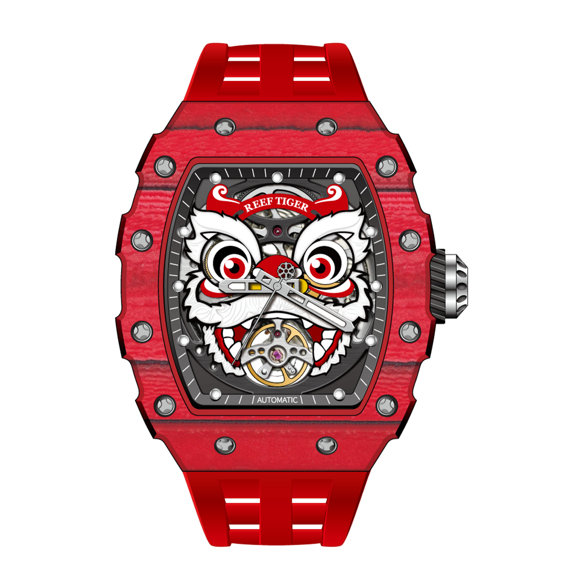 Fashion Unique Chinese Red Lion Dance Skeleton Automatic Watch - Reef Tiger RGA3009