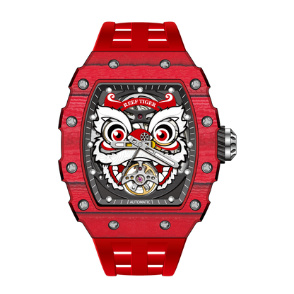 Fashion Unique Chinese Red Lion Dance Skeleton Automatic Watch - Reef Tiger RGA3009