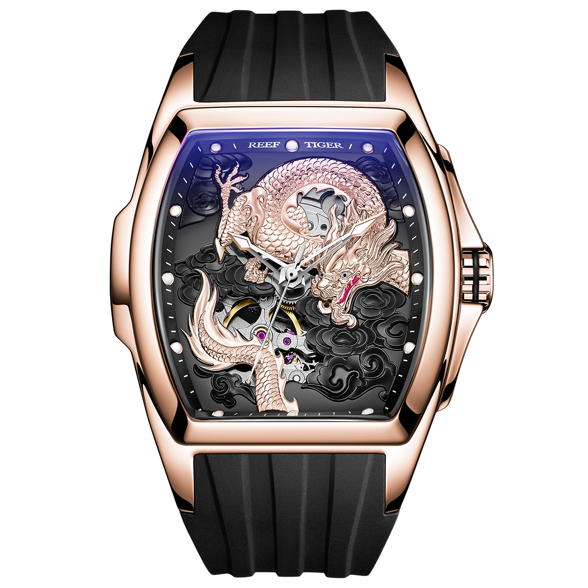 Luxury Rose Gold China Dragon Unique Automatic Watches for Men from Reef Tiger Aurora Series