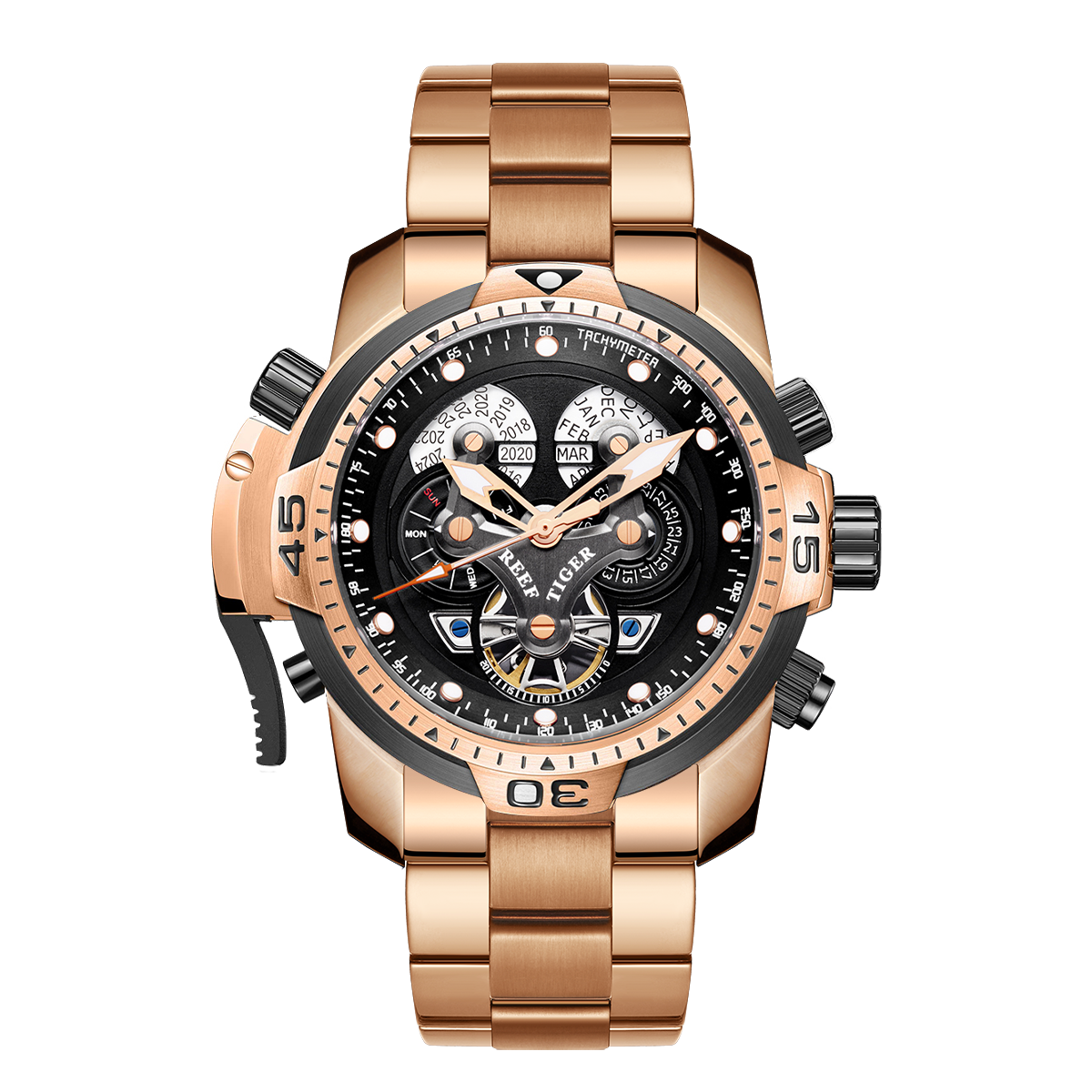 Reef Tiger Luxury Men's Aurora Concept Rose Gold Military Automatic Sport Watch