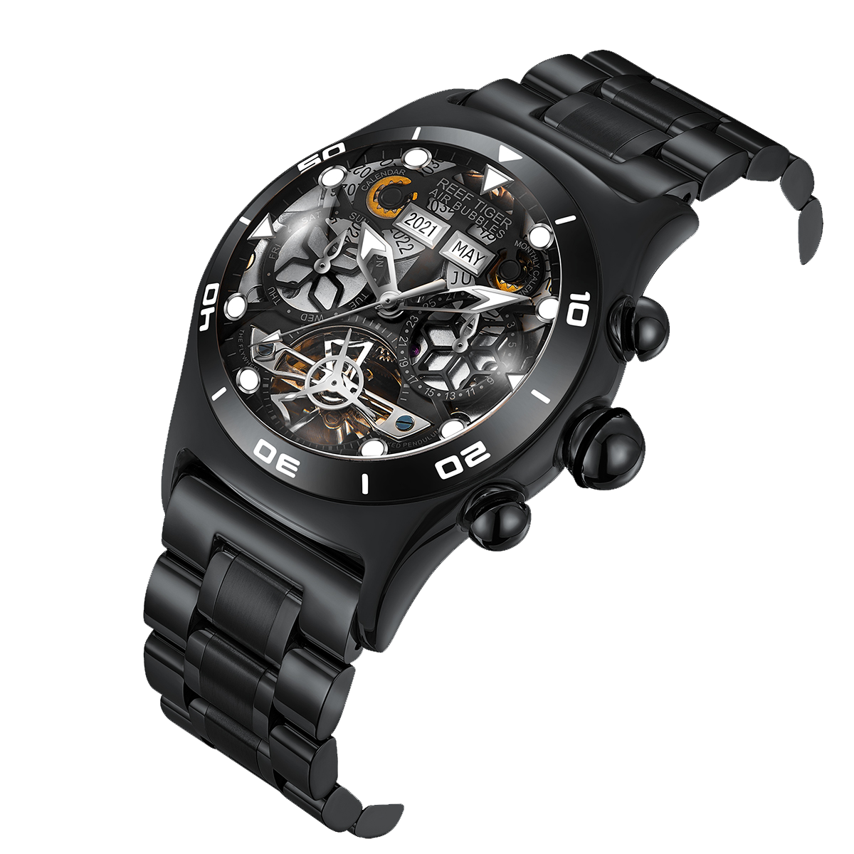 Reef Tiger Aurora Air Bubbles Black PVD Luxury Unique Skeleton Watches Reef Tiger Aurora Air Bubbles Black PVD Luxury Unique Skeleton Watches