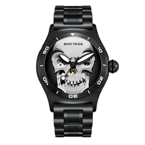 Luxury Reef Tiger Aurora Skull Black PVD Automatic Mens Watch
