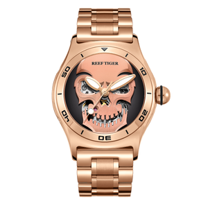 Luxury Reef Tiger Aurora Rose Gold Men's Automatic Skeleton Skull Watch