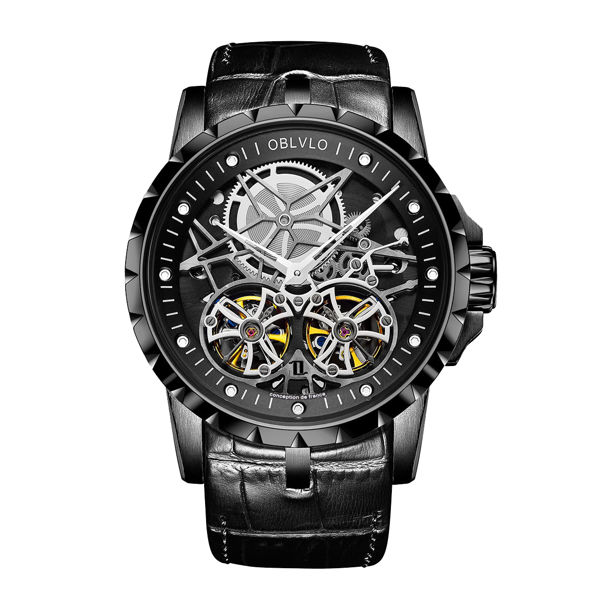 Best Oblvlo RM-T Mens Automatic Skeleton Watches Plated With Black PVD