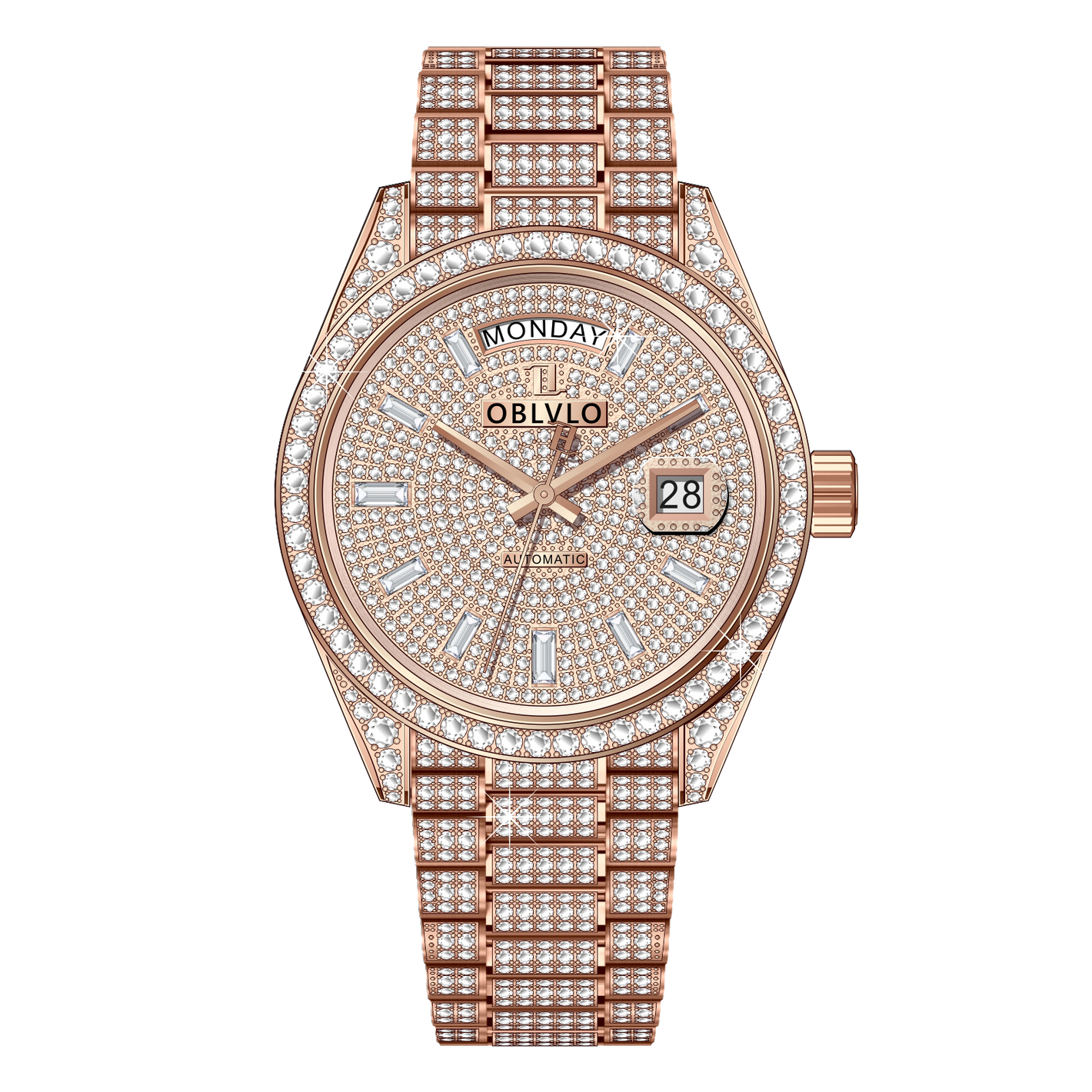 OBLVLO RX-DD-AD Rose Gold Men's Diamond Watch - Luxury 40mm Full White Crystal Dial & Bezel Automatic Watch