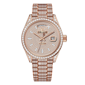 OBLVLO RX-DD-AD Rose Gold Men's Diamond Watch - Luxury 40mm Full White Crystal Dial & Bezel Automatic Watch