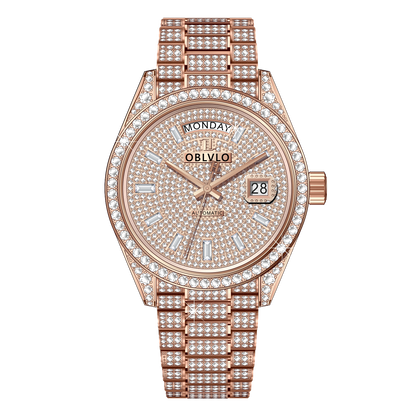 OBLVLO RX-DD-AD Rose Gold Men's Diamond Watch - Luxury 40mm Full White Crystal Dial & Bezel Automatic Watch