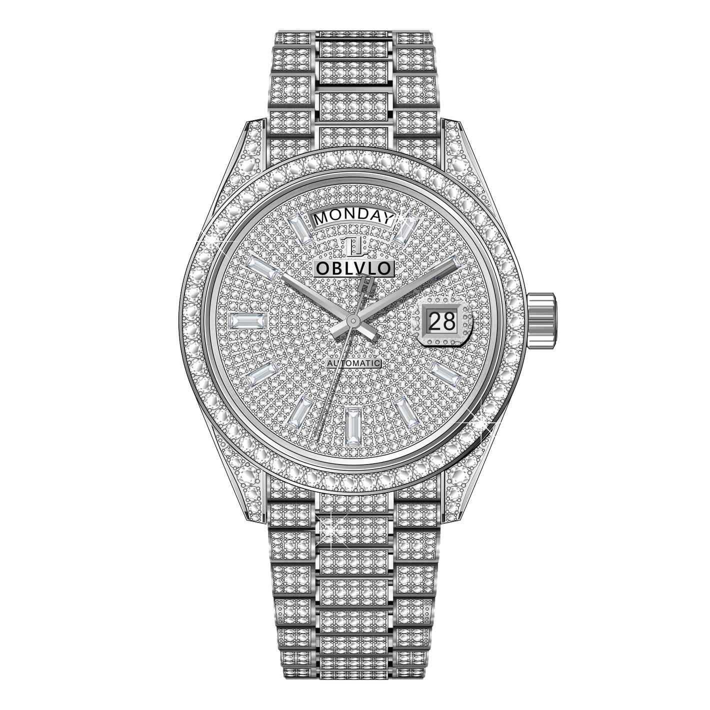 OBLVLO RX-DD-AD - Men's Luxury Full White Crystal Diamonds 40mm Automatic Watch with Date