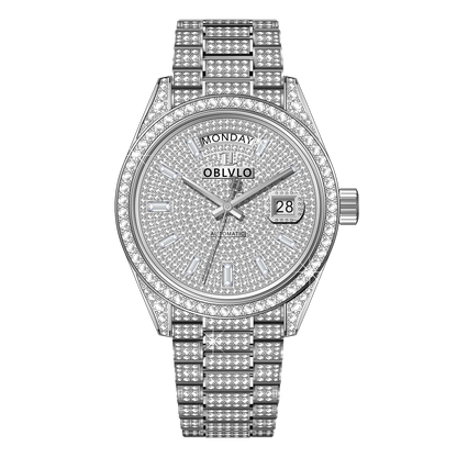 OBLVLO RX-DD-AD - Men's Luxury Full White Crystal Diamonds 40mm Automatic Watch with Date