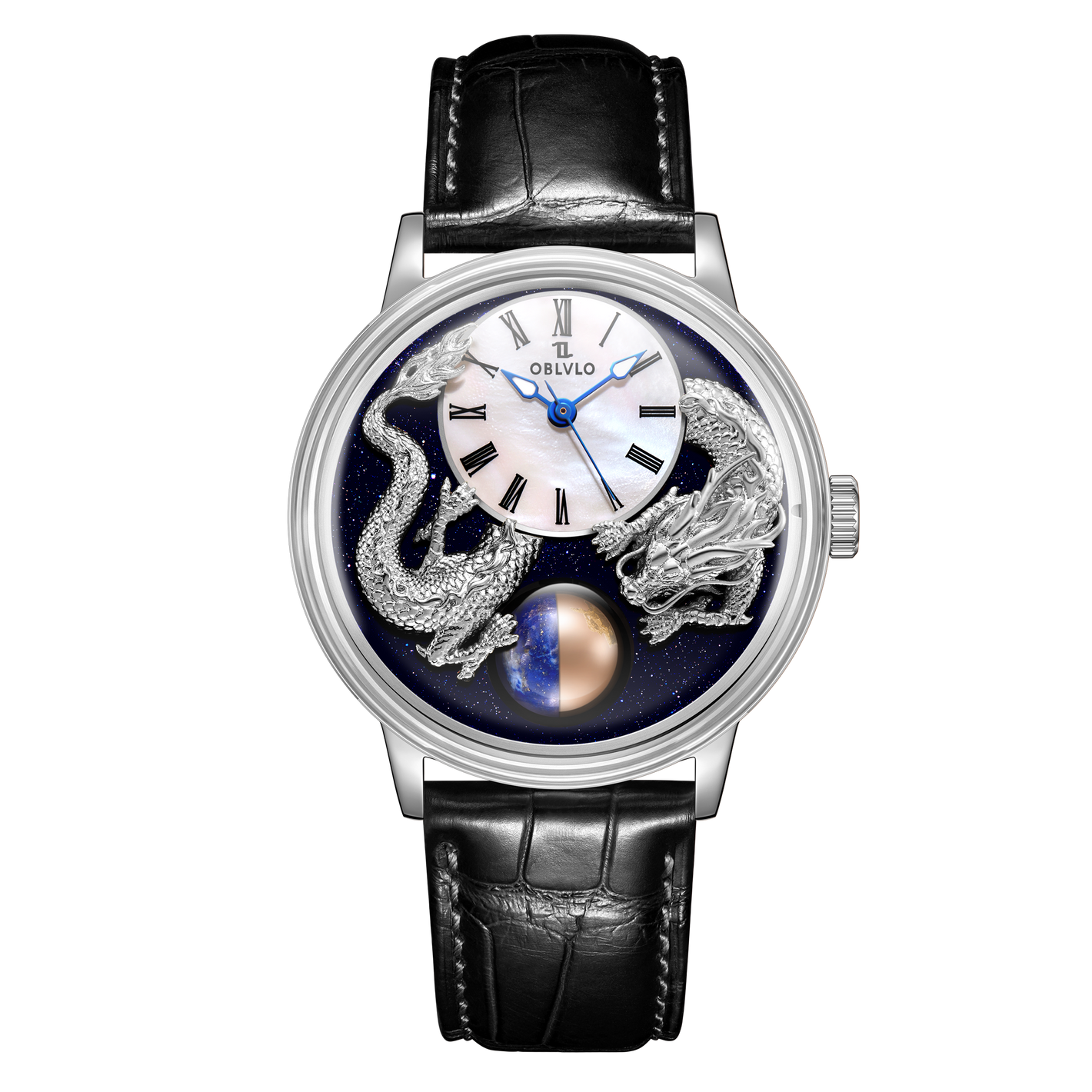 Best Affordable Silver Dragon Starry Sky Dial Moon Phase Style Automatic Watches For Men - OBLVLO SCM-GD