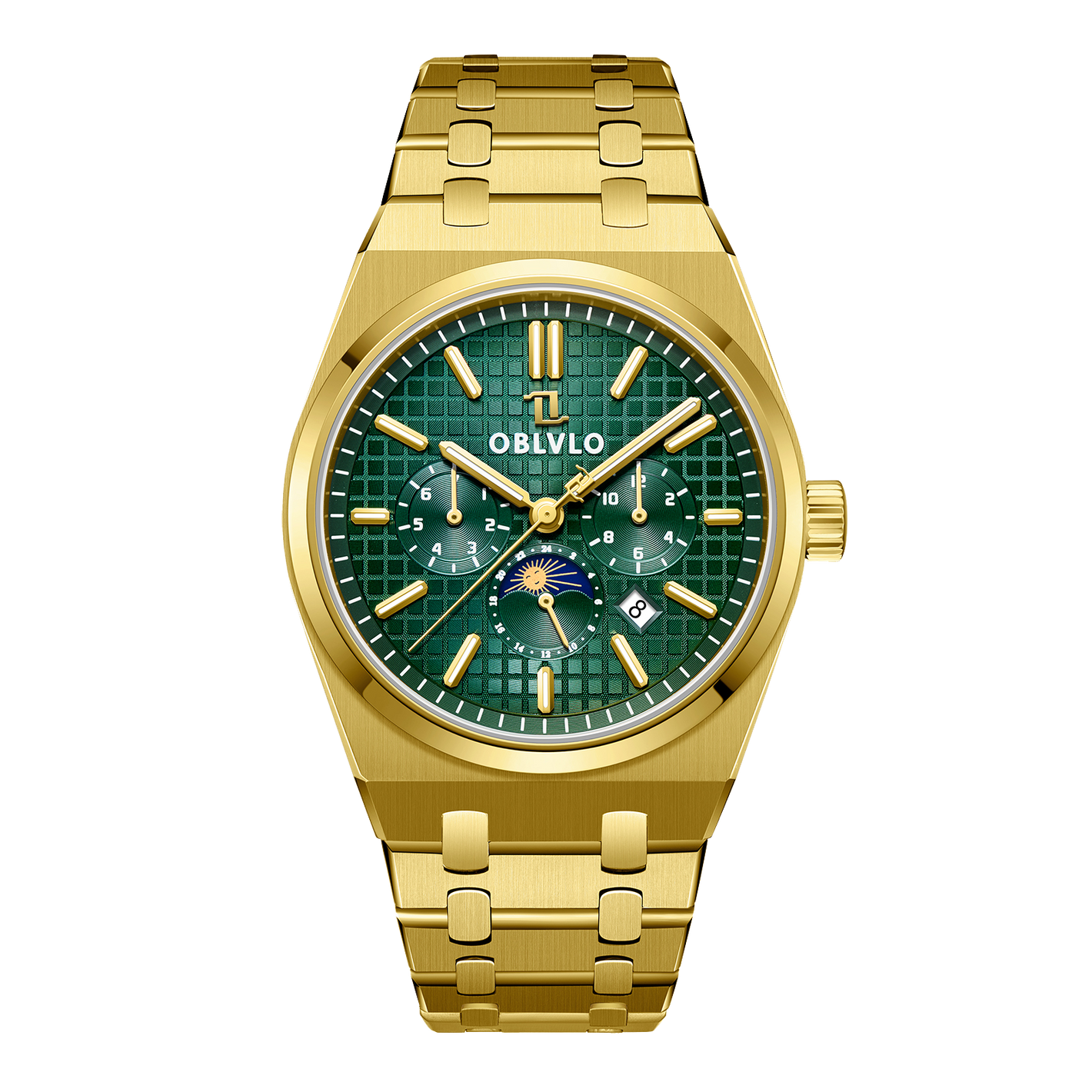 Best Affordable Yellow Gold 3-Eye Chronograph Automatic Watches - Royal Green OBLVLO TM-MUT