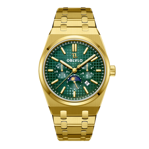 Best Affordable Yellow Gold 3-Eye Chronograph Automatic Watches - Royal Green OBLVLO TM-MUT