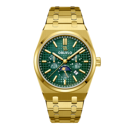 Best Affordable Yellow Gold 3-Eye Chronograph Automatic Watches - Royal Green OBLVLO TM-MUT