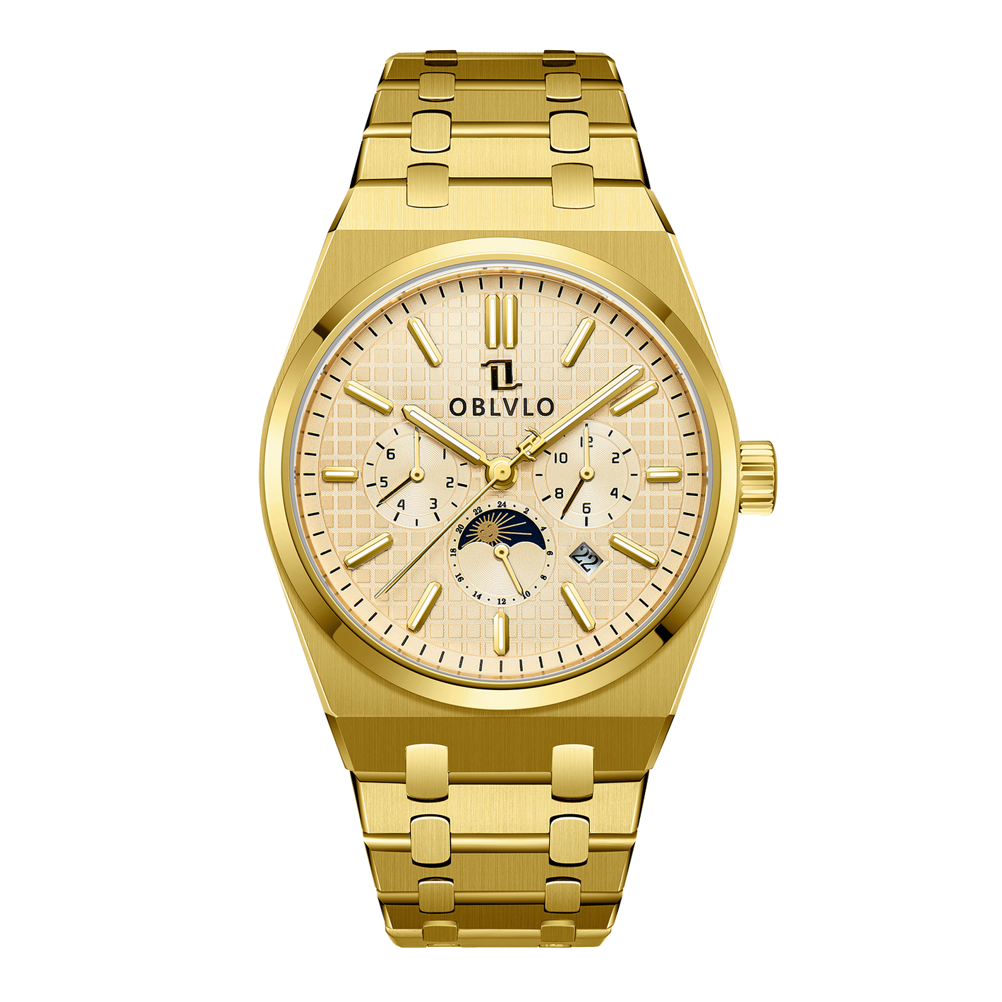 Yellow Gold OBLVLO TM-MUT 3-Eye Chronograph Automatic Watches For Seagull Movement