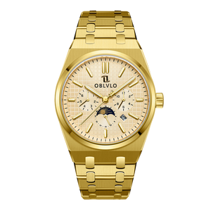 Yellow Gold OBLVLO TM-MUT 3-Eye Chronograph Automatic Watches For Seagull Movement