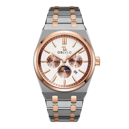 OBLVLO TM-MUT Mens Watch - Rose Gold Seagull Chronograph Automatic Watches for Men