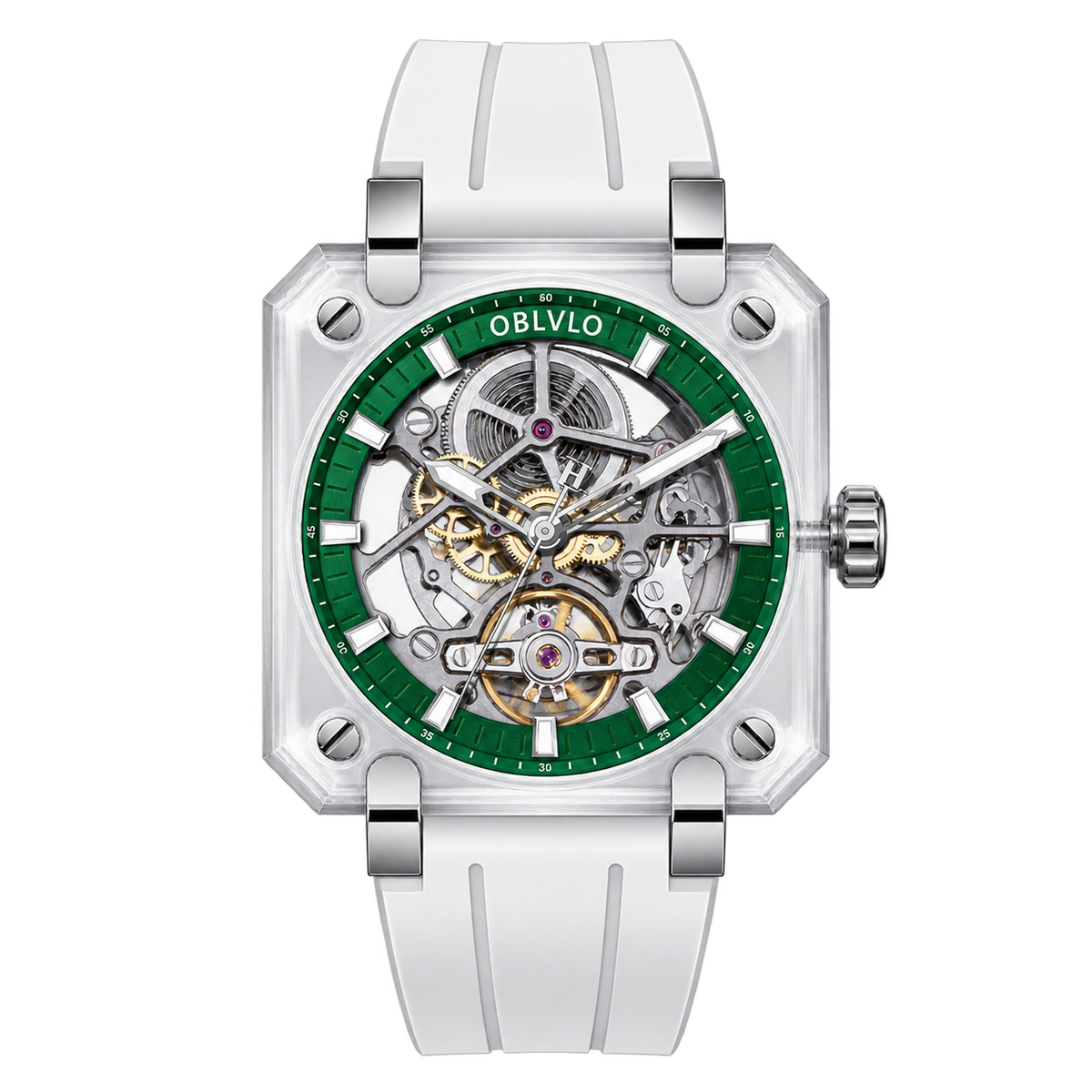 Erschwinglicher Luxus OBLVLO BRM Series Grüne Lünette & Vollständiges Saphir-Quadratgehäuse Skeleton Automatik-Uhr