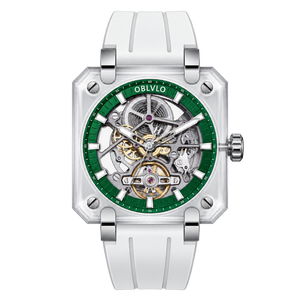 Montre Squelette Automatique OBLVLO Série BRM Luxe Abordable, Cadran Vert et Boîtier Carré Entièrement Saphir