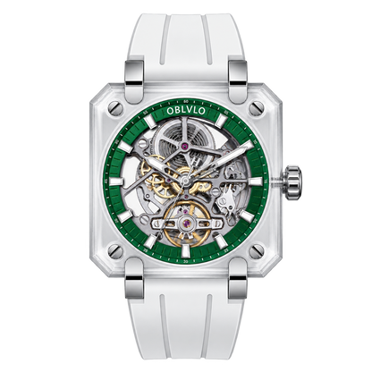 Erschwinglicher Luxus OBLVLO BRM Series Grüne Lünette & Vollständiges Saphir-Quadratgehäuse Skeleton Automatik-Uhr
