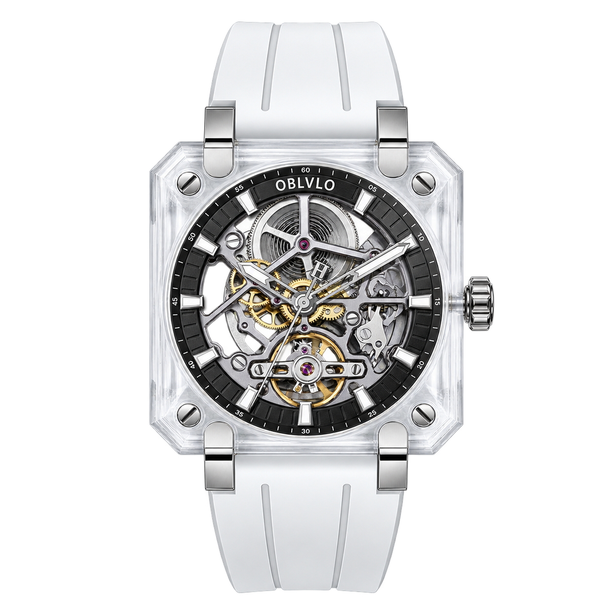 Montre mécanique squelette OBLVLO série BRM pour hommes - Cadran noir et boîtier carré entièrement en saphir