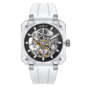 Montre mécanique squelette OBLVLO série BRM pour hommes - Cadran noir et boîtier carré entièrement en saphir
