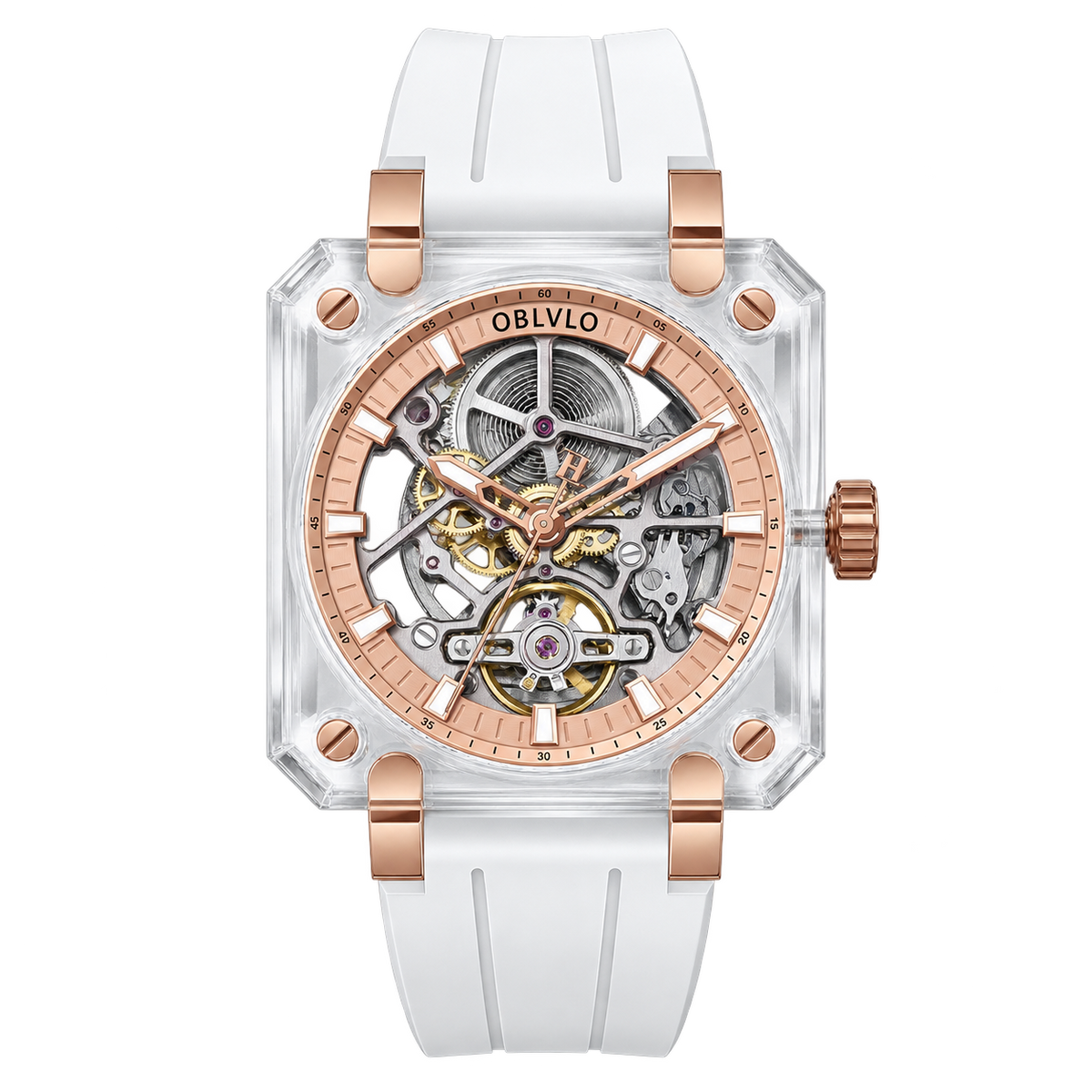 Montre Automatique Squelette Carrée Saphir Haute Qualité pour Homme - Cadran Or Rose Série OBLVLO BRM