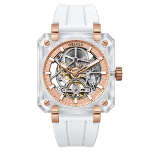 High Quality Full Sapphire Square Case Skeleton Automatic Watch For Men's - OBLVLO BRM Series Rose Gold Dial