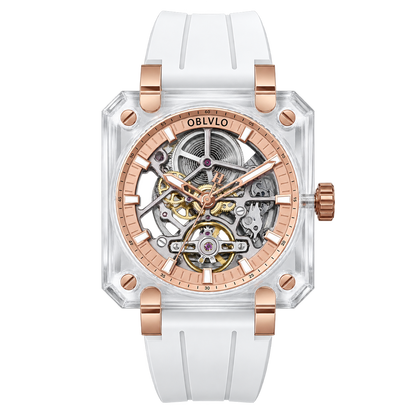 Hochwertige Voll-Saphir-Quadrat-Gehäuse Skeleton Automatikuhr für Herren - OBLVLO BRM Serie Roségold Zifferblatt
