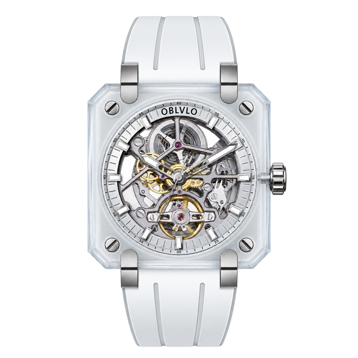 Erschwinglicher Luxus OBLVLO BRM Series Silver Dial & Neue Kreative Voll-Saphir Quadratische Skelett-Automatikuhren