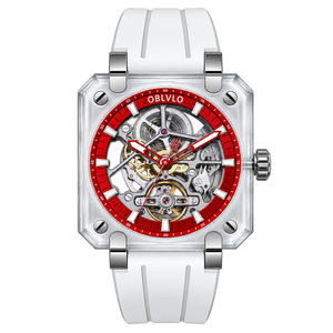 Montre Automatique Squelette OBLVLO Série BRM - Cadran Rouge Haute Qualité & Boîtier Carré Entièrement Saphir