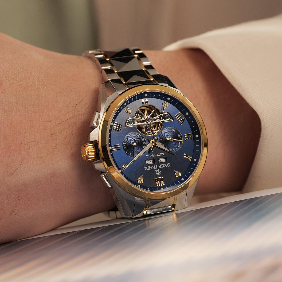 Affordable Luxury Yellow Gold Case & Blue Day Date Dial