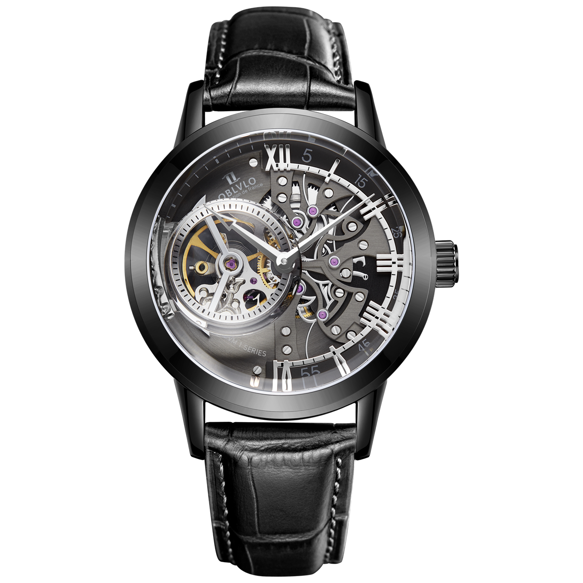 Oblvlo VM Series Luxury Automatic Skeleton Watches With Black PVD