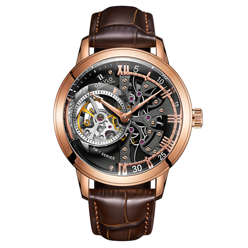Oblvlo VM-Serie Luxus-Skelettuhren aus Roségold mit automatischem Aufzug zu verkaufen