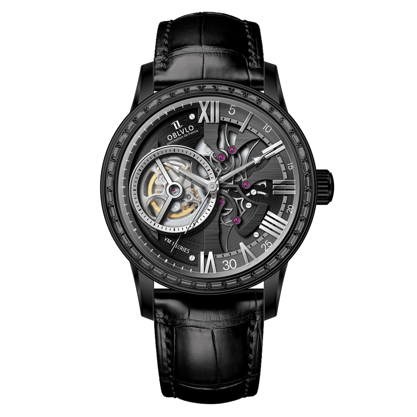 OBLVLO VMQ Series - Affordable Luxury All Black/Diamond Zirconia Case Mens Automatic Tourbillon Style Dial Dress Watches